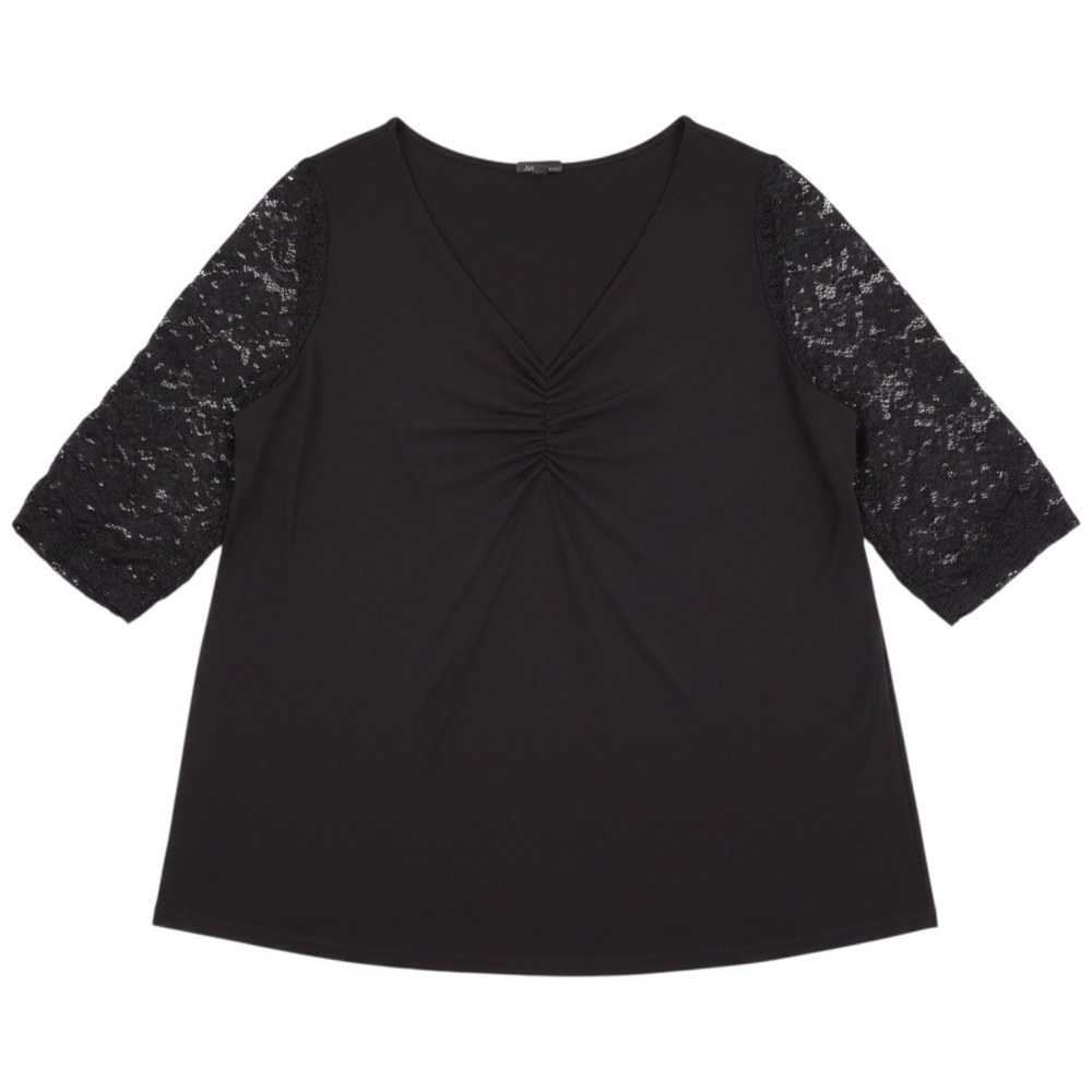 Torrid Blouse Women 3 3X Black Lace Sleeve V-Neck Ruched Cinch Front Stretch Top